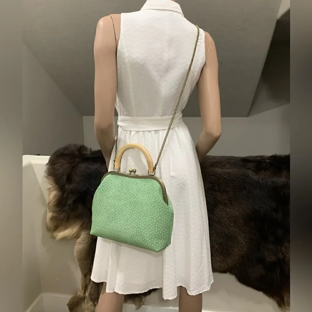 Handmade Genuine Nubuck Leather Embossed Wood Handle Kiss-lock Satchel Bag